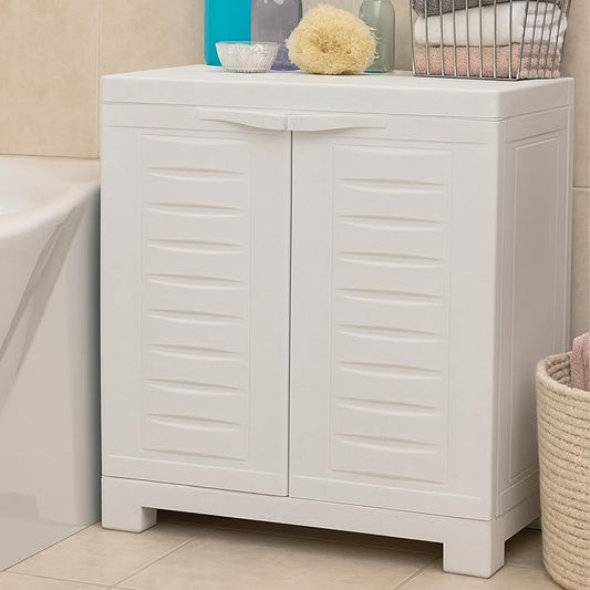 Sunnydaze 25.5" H Resin Garage Storage Cabinet - Garage Cabinet with Doors - Freestanding Utility Storage for Laundry Room, Office, Basement - Speckled White