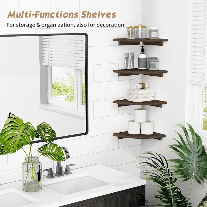 Forbena Floating Corner Shelves for Wall Set of 4, Small Corner Bookshelf for Bedroom Books, Round Wooden Corner Shelf Wall Mount for Bathroom Plants, Kitchen, Living Room Decor (Dark Brown)