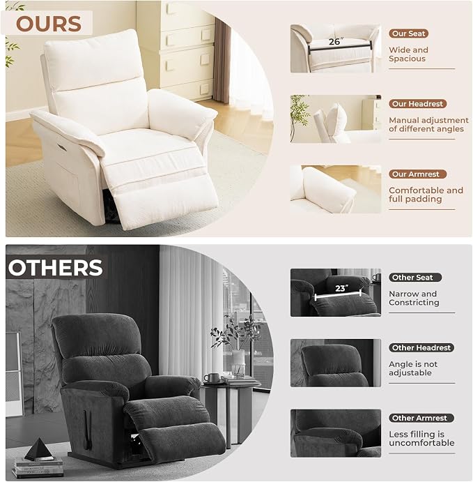 Oversized Power Recliner Chair Swivel Glider with Massage and Heat, Rocker Nursery Recliner for Adults with Adjustable Headrest, 26" Extra Wide Nursery Chair with Overstuffed Armrest,White