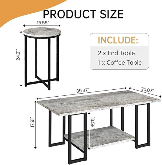 Lamerge 3 Pieces Living Room Table Set, Faux Marble Coffee Table with 2 Round End Side Tables, Coffee Table Set with Metal Frame for Apartment Home Office, Grey&Black