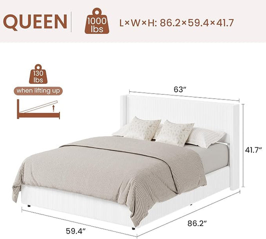 Garvee Queen Lift Up Storage Bed Frame, Corduroy Upholstered Platform Bed with Gas Lift, Padded Headboard, Wooden Slat Support, No Box Spring Needed, Easy Assembly, White