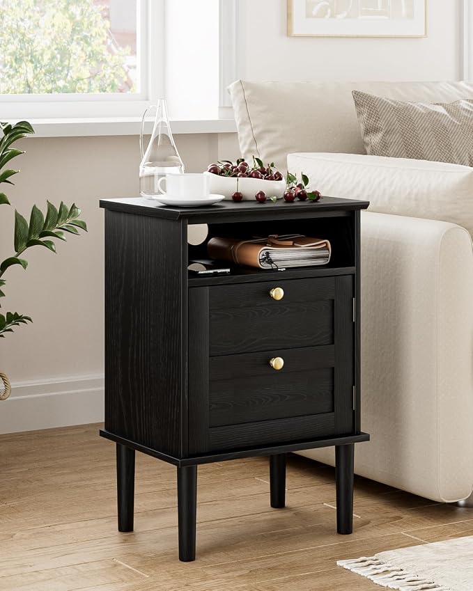 Nightstand, Boho Night Stand with 1 Drawers, Modern Side Accent Table with Open Shelf, Wooden Top Bedside End Table for Bedroom, Living Room, Black