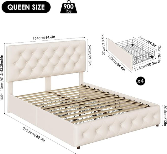 Keyluv Queen Size Upholstered Platform Bed Frame with 4 Storage Drawers, Modern Beige Fabric Bed with Adjustable Button Tufted Headboard, Solid Wooden Slat Support, Easy Assembly