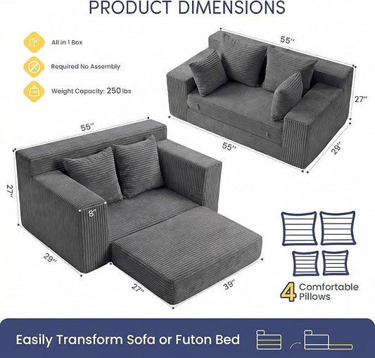 cidludto Boneless Couch Loveseat Sleeper, Convertible Sofa Bed Folding Couch Bed Foldable, 2 in 1 Boneless Chair Bed & Futon Sofa Bed, Small Pull Out Sofa with 4 Pillows for Living Room, Grey