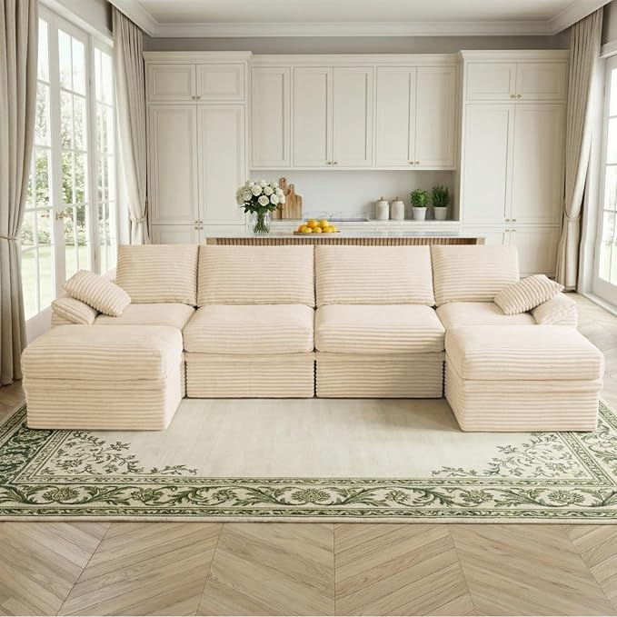 142" Modular U-Shaped Sectional Sofa with Storage, 4-Seat Corduroy Boneless Couch, 27" Deep Seat Cloud Couch & 2 Movable Ottoman, Tool-Free Assembly, Couch for Living Room, Beige