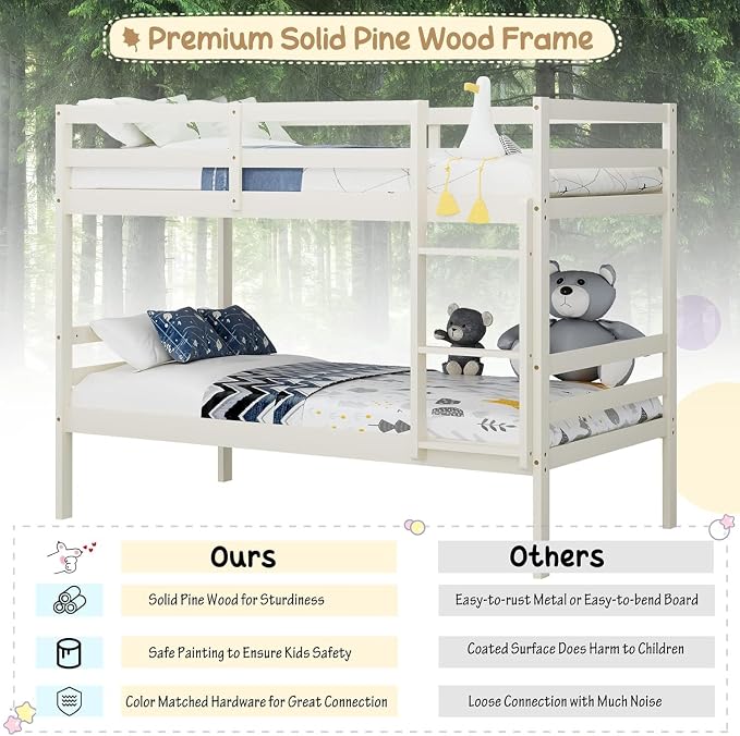 NAFORT Bunk Bed Twin Over Twin, Solid Wood Bunk Bed with Ladder and Safety Rails, Wooden Bed Frame for Kids Teens or Guests, Space-Saving Furniture for Bedroom Dorm, White