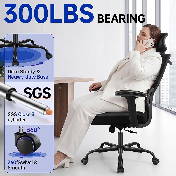 Ergonomic Office Chair, High Back Mesh Computer Chair with Comfortable Adaptive Lumbar Support, Built-in Coat Hanger, SGS Class 4 Gas Lift, Heavy Duty 300lbs for Long Hours Home Office, Black