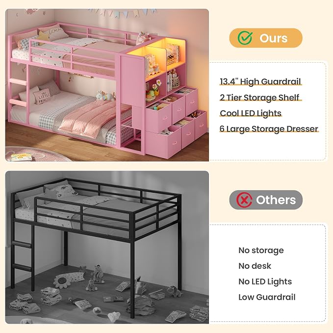 BTHFST Bunk Bed Twin Over Twin with 6 Large Fabric Drawers & 4 Storage Bookshelf, Metal Low Bunk Bed for Kids with LED Lights & Ladder and Guardrail, Space Saving, for Girls, Pink
