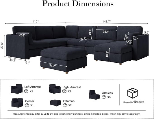Oversized Modular Sectional Sofa U-Shaped Cloud Couches Blue | Large Deep Seat Couch for Living Room, 8 Seater Luxury Corner Sofa with Ottoman, Solid Wood Frame, Removable Washable Cover