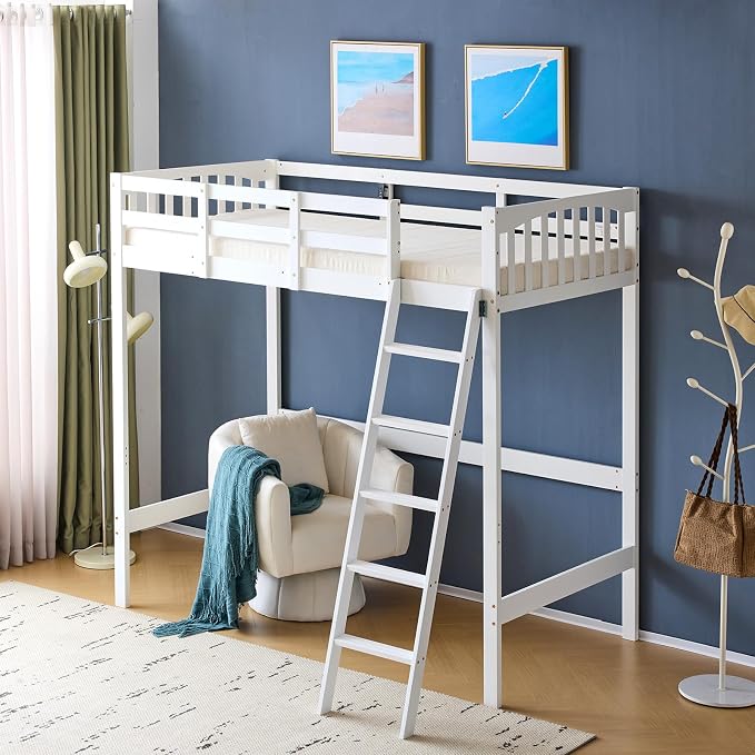 VINGLI Loft Bed Twin Size with USB Charging Station/LED, Solid Wood Single Loft Bunk Bed with Flat Rungs for Kids/Teens/Adults, 15 inches High Guardrail,Wood Slat Support No Box Spring Needed, White