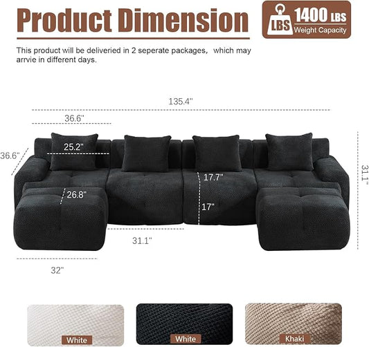 135" Cloud Couch Sectional with 2 Ottoman, U-Shaped Boneless Sofa,Modern Modular Couch, Pineapple Grid Fabric with Foam & Spring Filling for Living Room, No Assembly Required (Black, 4seates)
