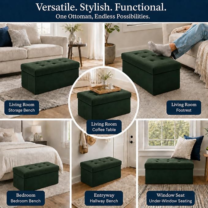 ALASDO 30 Inch Folding Storage Ottoman Bench with Hidden Storage, Velvet Storage Ottoman Foot Rest Stool, End of Bed Bench for Bedroom, Living Room, Entryway and Closet, Dark Green