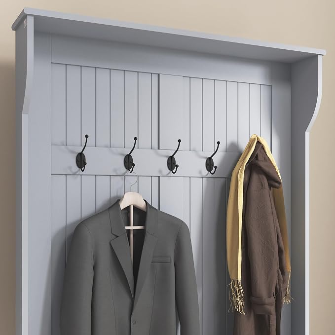 HOMCOM Hall Tree With Bench and Shoe Storage 3-In-1 Entryway Bench Gray | Coat Rack, 5 Hooks, Flip Top Storage Compartment
