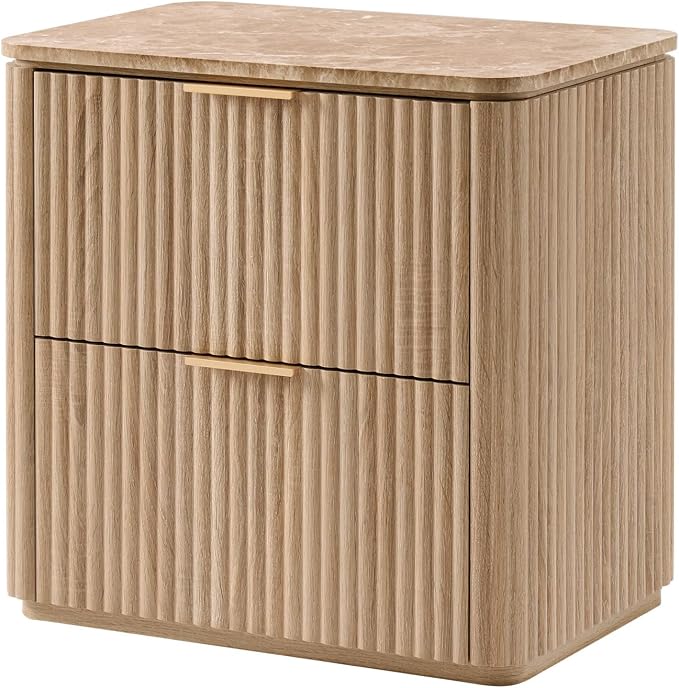 Fluted Nightstand with Faux Marble Top, Modern Bedside Table | FSC-Certified Engineered Wood, 24" H, 2 Drawers, Rounded Corner, Metal Handle, for Bedroom, Natural Oak
