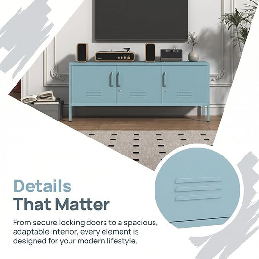 3 Door Lockable Metal TV Stand Storage Cabinet with Accent Cabinet Locker, Wide Heavy Duty Media Console for Large 100+ Inch TVs, Home Office Entertainment Center, Blue 22"H X 47.3"W X 13.8"D