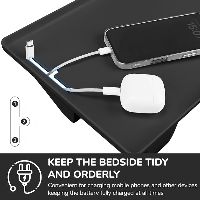 Bedside Shelf for Bunk Beds & Top Bunk, Clip On Nightstand with Cable Catch, White, 35lbs Capacity, College Dorm Room & Kids Room (Black)