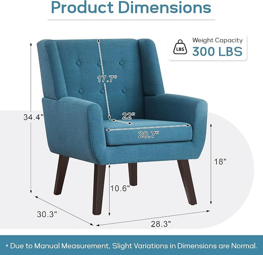 HUIMO Button-Tufted Accent Chairs,Upholstered Reading Living Room Chair,Mid Century Modern Chair with Linen Fabric, Club Chair,Comfy Arm Chairs for Living Room,Bedroom Lake Blue