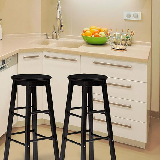 PJ Wood Classic Round Seat 24 Inch Tall Kitchen Counter Stools for Homes, Dining Spaces, and Bars with Backless Seats, Square Legs, Black, Set of 2
