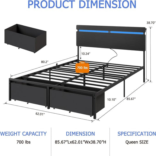 Forestell Queen Bed Frame with Wood Headboard, Black Platform Bed with 2 Storage Drawers & Shelf, Built-in Charging Station & LED Lights, Metal Support, No Box Spring Needed, Cama Queen Size