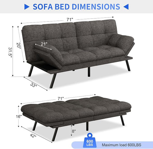 Vipbear 71" Futon Sofa Bed - Convertible Sofa Beds/Adjustable Backrest & Armrest,Detachable Cushion, Loveseat Sleeper for Small Spaces, Apartments & Offices, Grey Futons