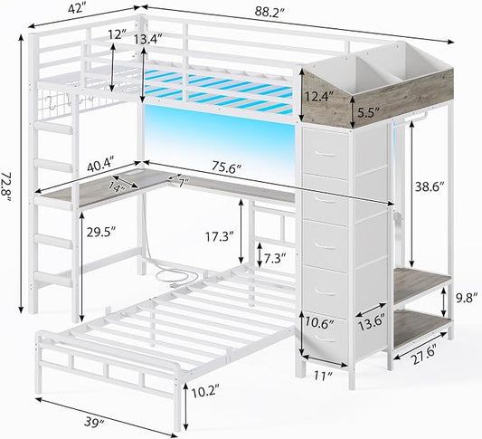 VIAGDO Bunk Bed Twin Over Twin with Hall Tree, Charging Station and LED Lights, L-Shaped Bunk Bed with Desk, 5 Storage Drawers, Twin Bunk Beds with Guardrail & Stairs, No Box Spring Needed, White
