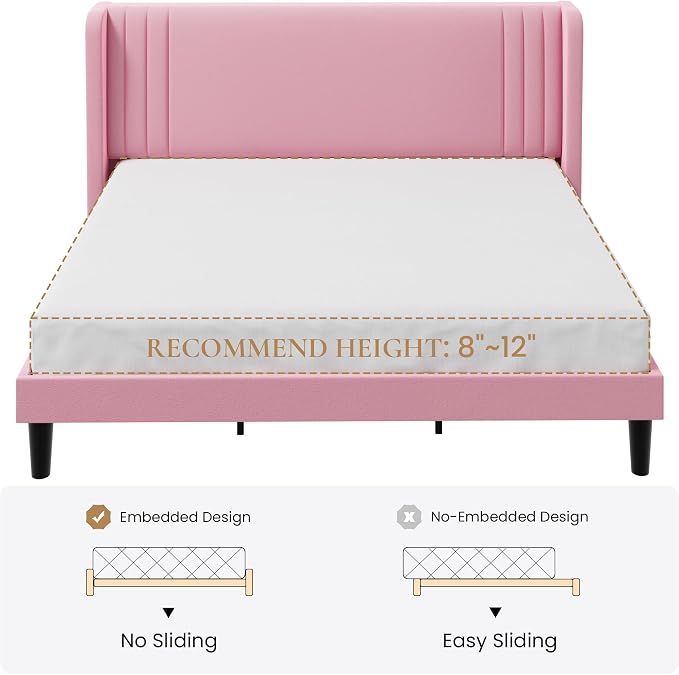 SHA CERLIN King Size Velvet Upholstered Platform Bed Frame with Vertical Channel Tufted Wingback Headboard, Wooden Slats Support, Easy Assembly, Under Bed Storage, No Box Spring Required, Pink