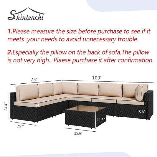 7 Piece Outdoor Patio Furniture Set,Black PE Rattan Wicker Sectional Sofa, All Weather Conversation Set with Washable Cushions & Glass Coffee Table for Backyard Poolside Garden Porch,Khaki