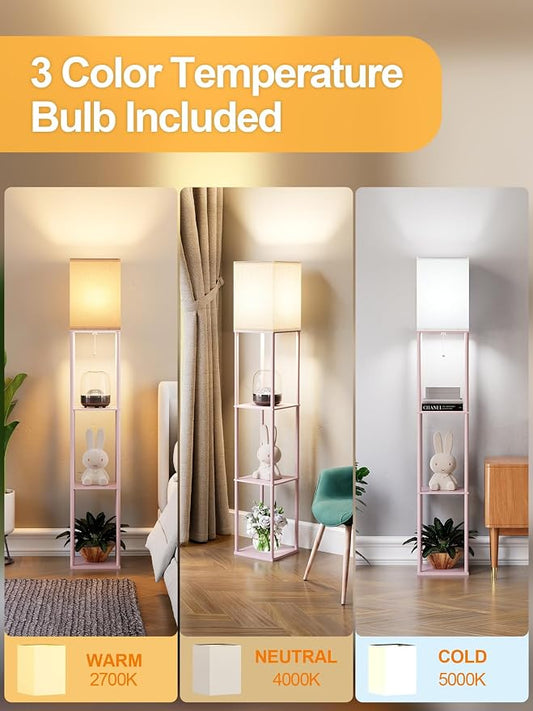 Pink Floor Lamp with Shelves for Living Room, Shelf Floor Lamp with 3 CCT LED Bulb, Corner Display Standing Column Lamp Etagere Organizer Tower Nightstand with White Linen Shade for Bedroom, Office