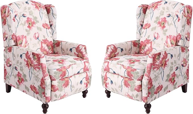 Upholstered Wingback Recliner Chair, Mid Century Modern Manual Push Back Recliner for Living Room, Bedroom (2, Red Floral)