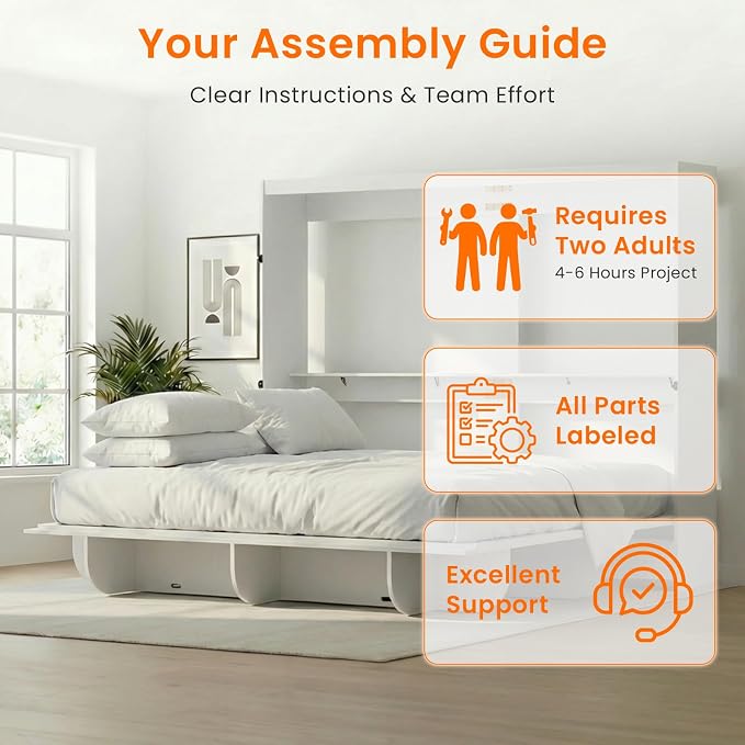 CECER Horizontal Murphy Bed Queen,Save Space for Offices/Guest-White | Multi-Functional Queen Murphy Cabinet Beds with Storage Shelf/Bookshelf,Sturdy frame & Easy Assemble
