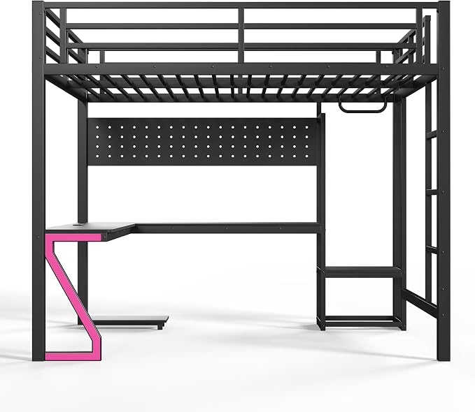 Bellemave Queen Size Loft Bed with Desk and USB Ports, Computer Tray, Peg Board LED, Metal Full Loft Bed Frame for Adults, Kids, Teens, Black