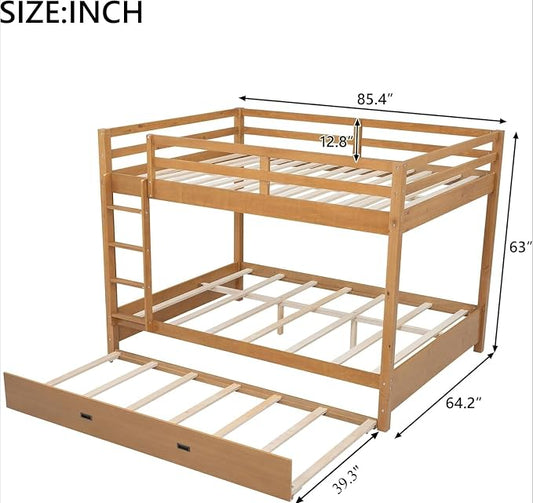 MERITLINE Queen Over Queen Bunk Bed with Twin XL Trundle, Solid Wood Bunk Bed with Ladders and Guardrails for Adults (Natural Wood)