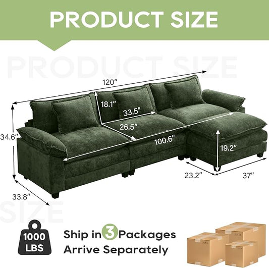 Oprisen 120" Modular Sectional Sofa, Comfy Cloud Couch Sectional Sofa with Ottoman, Chenille Sofa Sleeper Deep Seat Sofa with Throw Pillows for Living Room (Green, 120"- L Shape)