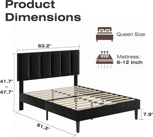 VECELO Queen Bed Frame, Velvet & Black | Upholstered Headboard, Heavy-duty Platform, Strong Wooden Slats Support, No Box Spring Needed