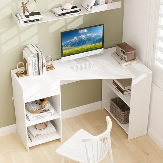 Tangkula White Desk with Storage Drawer & 4 Shelves, Space Saving Corner Desk for Small Spaces, Modern Home Office Laptop Workstation, Writing Study Table, Vanity Table for Bedroom (White)
