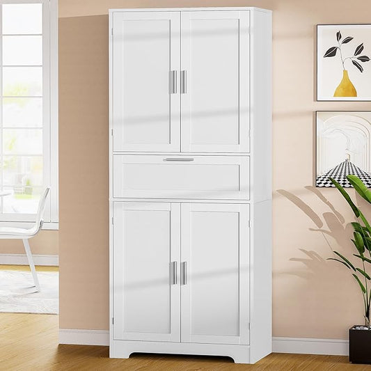 Iwell 67" Tall Storage Cabinet, Rattan Cabinet with 2 Adjustable Shelves & Large Drawer, Pantry Cabinets for Kitchen, Living Room, Home Office, Natural | Adjustable Shelf