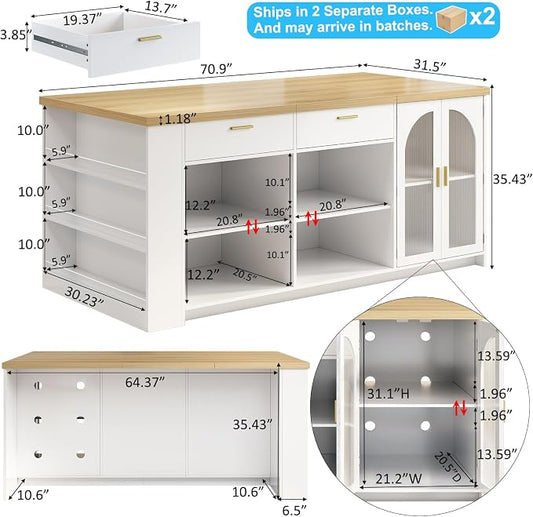 IBF 71" Large Kitchen Island with Storage, Modern Wood Island Table with Seating for 4-6, Stationary Island Cabinet with Drawers & Fridge Space, Counter Height Island Bar for Kitchen, Light Oak
