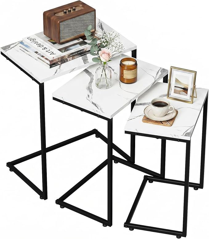 SUPER DEAL Nesting Tables Set of 3, Industrial C Shaped End Table Stackable Coffee Table Heavy Duty Metal Frame for Small Space, Living Room, Bedroom, Side Table Tray for Laptop Snack, White