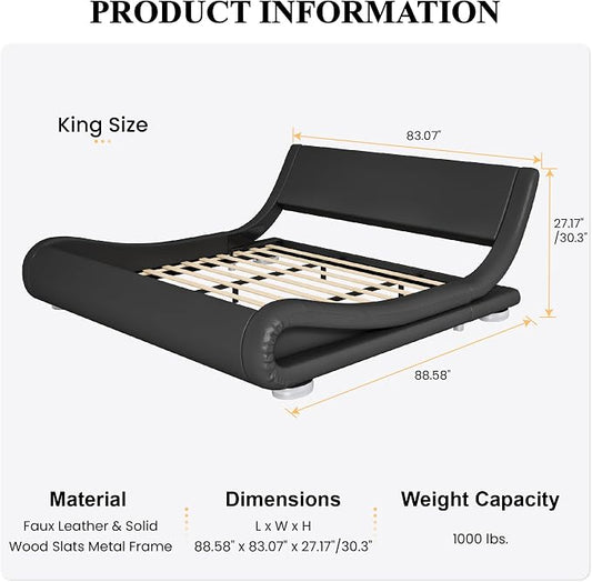 SHA CERLIN King Size Upholstered Bed Frame, Deluxe Low Profile Sleigh Bed with Faux Leather Ergonomics Headboard, No Box Spring Needed & Easy Assembly, Black