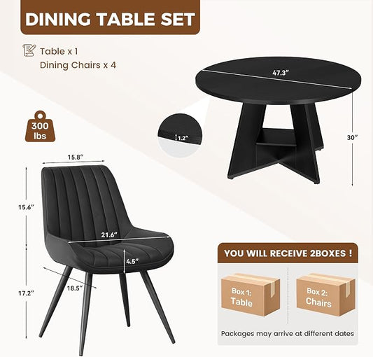 Miereirl 47.3 Inch Round Dining Table Set for 4, Round Kitchen Table with Chairs, Space Saving Dining Room Table Set with Storage Shelf for Apartment Kitchen Dining Room, Black Table+4 Black Chairs