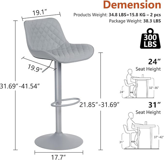 YOUTASTE All Grey Bar Stools Set of 2, Upholstered Counter Height Bar Stool, Adjustable Swivel Faux Leather Barstools, with Padded Back, Metal Base, Kitchen Chairs for Home Island