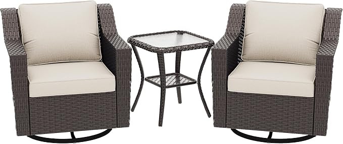 3 Pieces Patio Conversation Furniture Set - 2 Swivel Chairs, 1 Side Table, Outdoor Wicker Rocking Glider Armchairs with Washable Cushions for Porch, Balcony, Sunroom (Beige)