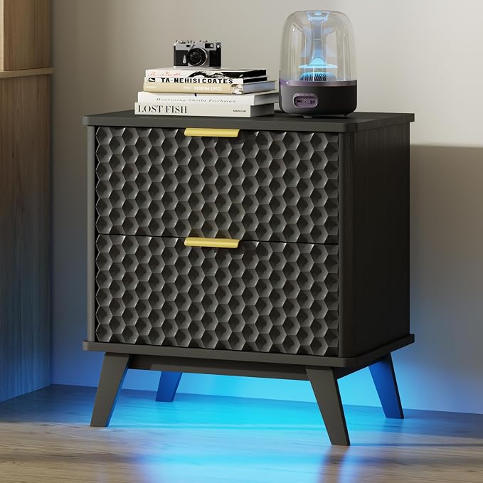 LVSOMT Smart Nightstand with Charging Station and LED Lights, 23.62" Wide Night Stand with 2 Drawers, Motion Sensor Motion-Activated Underlight, Honeycomb Bedside Table for Bedroom, Black