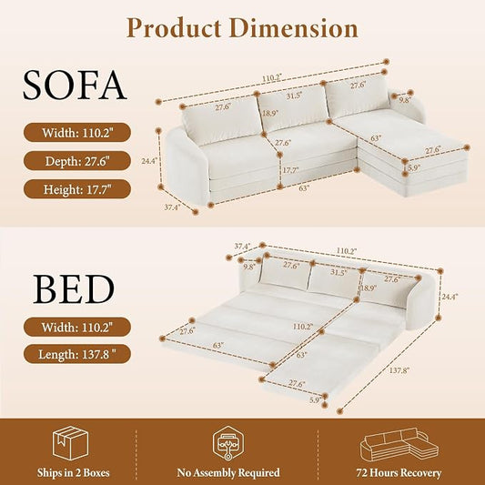 Vesgantti 6 in 1 Convertible Folding Sleeper Sofa Bed, 110.2" Boneless Sectional Couch with Curved Armrest, Chenille Modular Sofa for Living Room, No Assembly Required, Beige, Right Facing Chaise