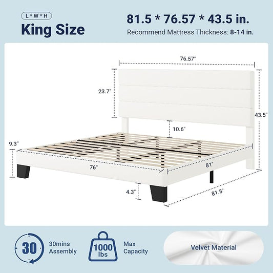 Allewie King Size Platform Bed Frame with Velvet Upholstered Headboard and Wooden Slats Support, Fully Upholstered Mattress Foundation/No Box Spring Needed/Easy Assembly, White