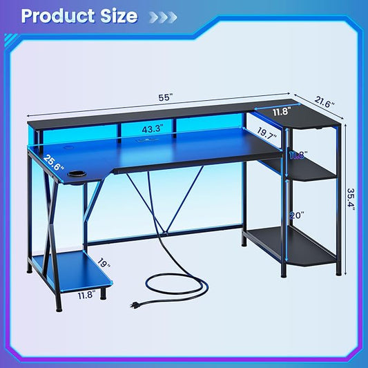SEDETA Gaming Desk 55'' with LED Lights and Storage Shelves, Computer Desk with Monitor Stand, Power Outlets and Cup Holder, Large PC Gamer Desk, Gaming Table for Bedroom, Living Room, Black
