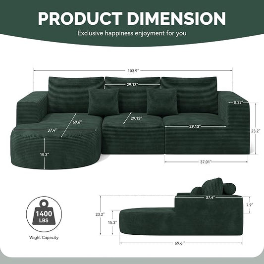 Boneless Couches for Living Room,Cloud Sectional Couch with L-Shape Chaise,Modern Modular Sofa with Deep Seat Upholstered Comfy Couches for Bedroom,No Assembly Required,1PCS