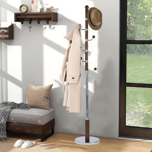 Coat Racks Freestanding, Natural Wood Coat Stands with 6 Hooks, 68" Heavy Duty Adjustable Height Vintage Hall Tree for Entryway, Bedroom, Office, Easy Assembly (Walnut Metal Hook)