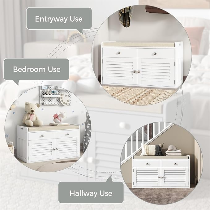 WARMHONIU Shoe Storage Bench with 2 Drawers, Entryway Bench with Cushion, Adjustable Shelves, Shoe Rack Bench with Louvered Doors for Entryway, Bedroom, Hallway, White