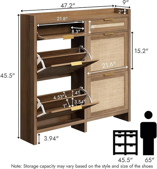 HOKYHOKY Large Rattan Shoe Storage Cabinet with 4 Flip Drawers & 2 Storages–Hidden Slim Shoe Organizer for Entryway, Large Tabletop Space, Farmhouse Boho Narrow Shoe Rack, Rustic Oak